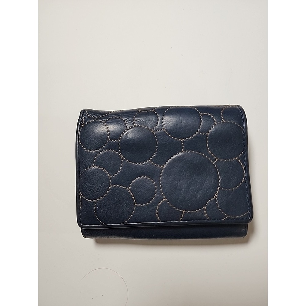 Dunhill Black Leather Tri-Fold Wallet Coin Purse Circle Stitch Pattern Kiss Lock